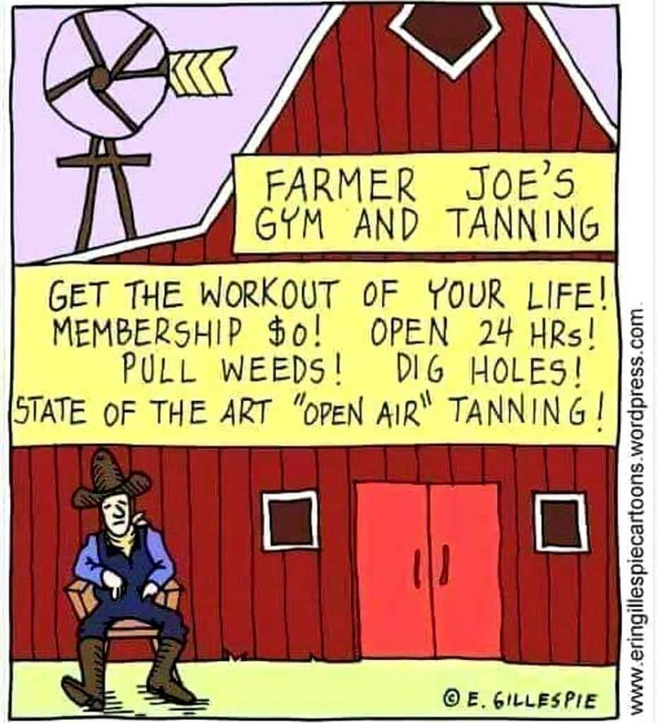 Cartoon of Farmer Joe sitting outside a red barn with a sign advertising free gym and tanning with farm chores.