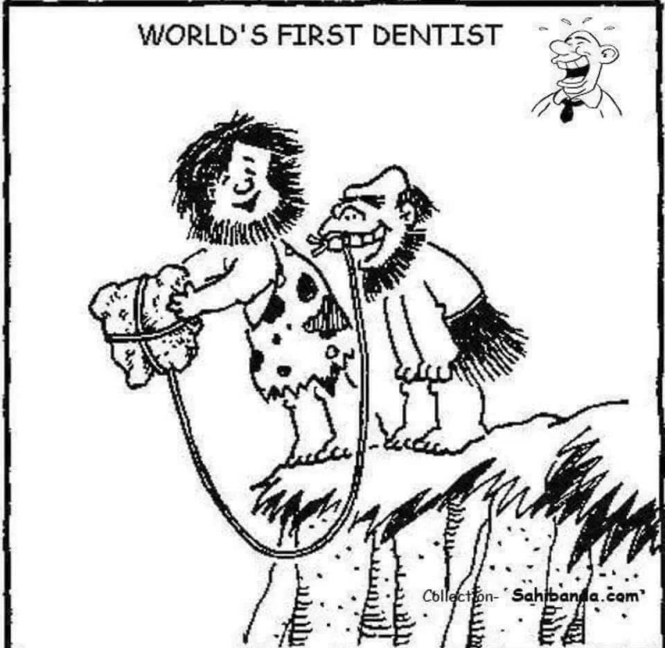Cartoon showing two cavemen, one holding a large tooth on a swing, the other preparing to bite with a wooden stick in mouth.