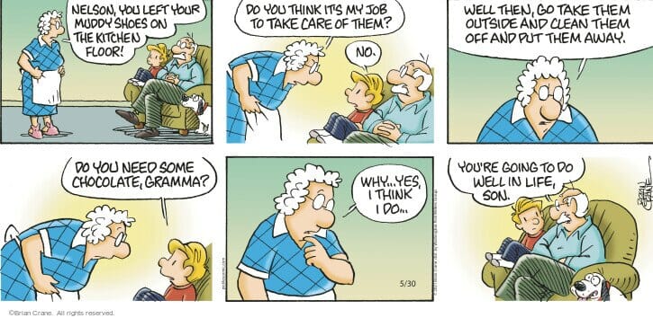 Comic strip of a grandmother scolding grandson for muddy shoes, leading to a lesson in responsibility and chocolate bribe.
