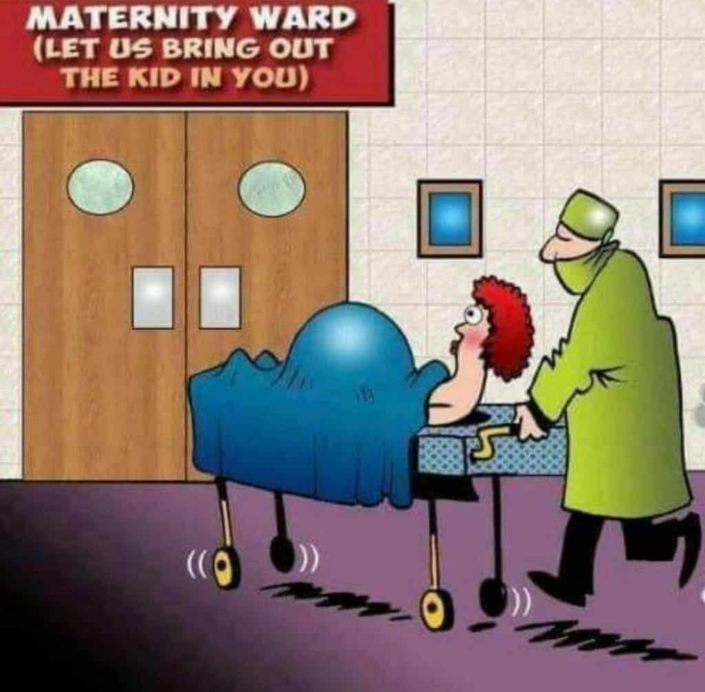 Cartoon of a woman on a hospital stretcher at maternity ward, with legs sticking out from under the blanket resembling baby legs.