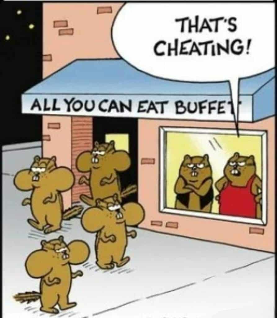 Cartoon of chipmunks with huge cheeks leaving an all-you-can-eat buffet while other chipmunks watch angrily from inside.