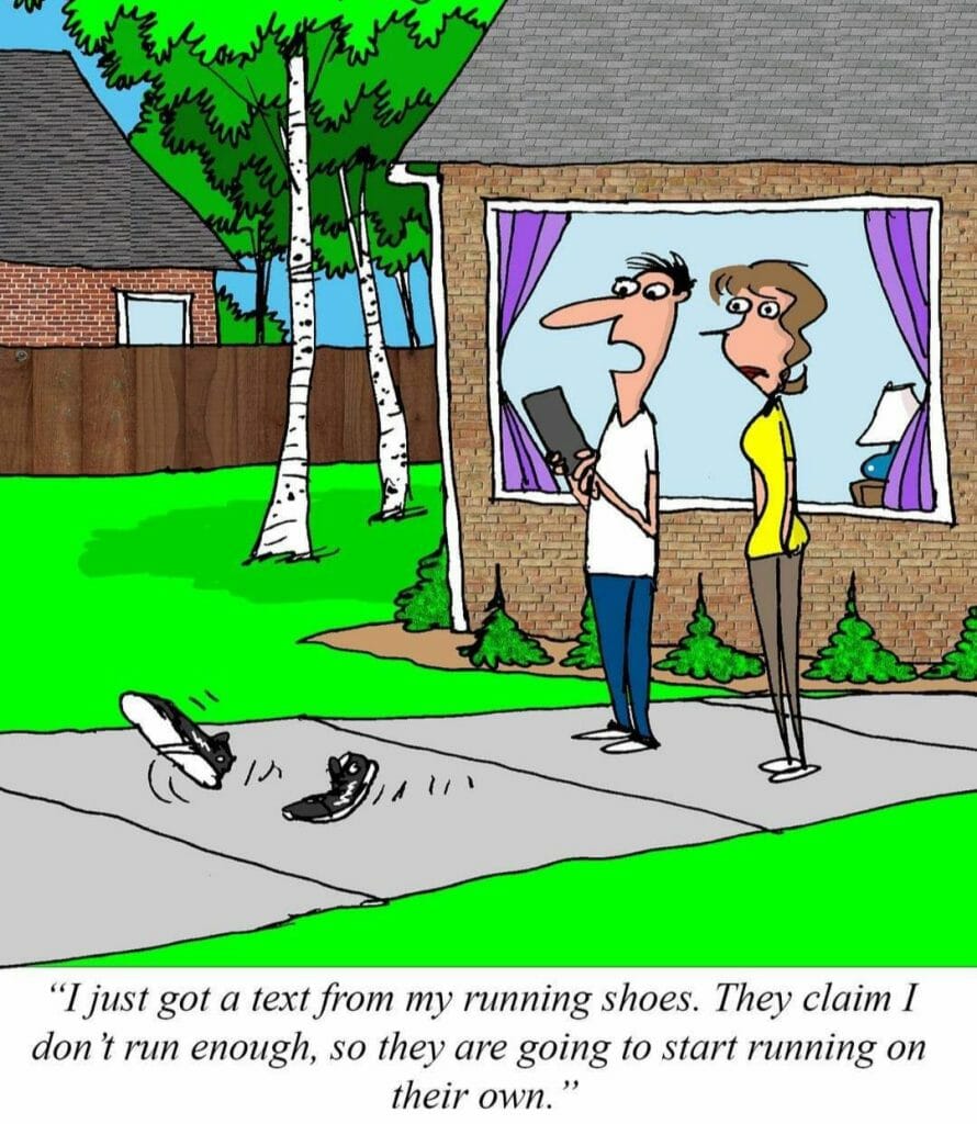 A cartoon of a man and woman standing outside a house, looking at a pair of running shoes running away on the pavement.