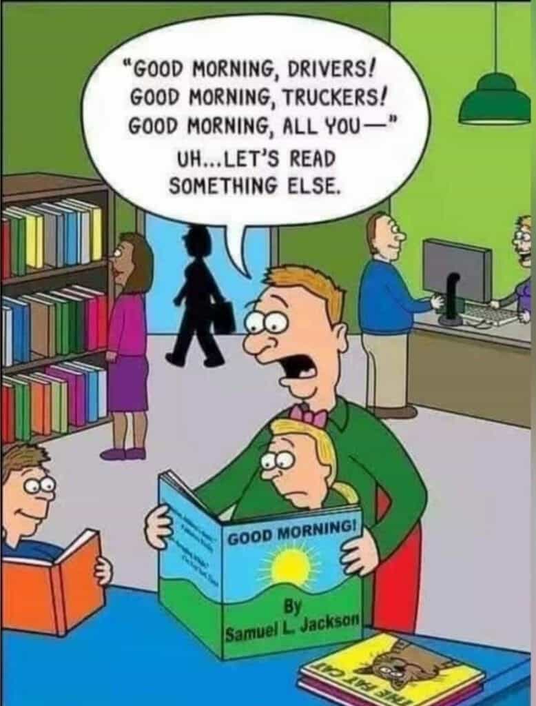 Comic of a parent reading a children's book titled 'Good Morning by Samuel L. Jackson' to a child, expressing hesitation after reading the opening line.