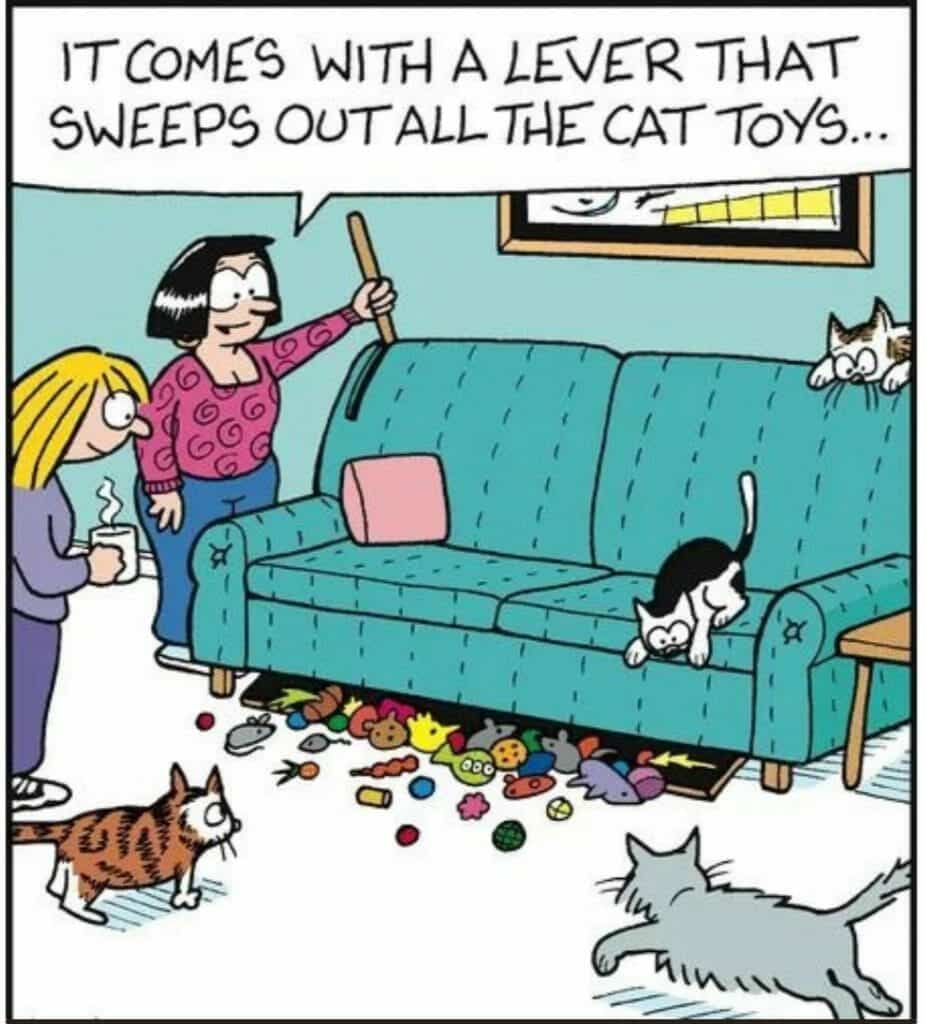 Cartoon of a woman holding a lever on the sofa that sweeps out cat toys while three cats watch eagerly.