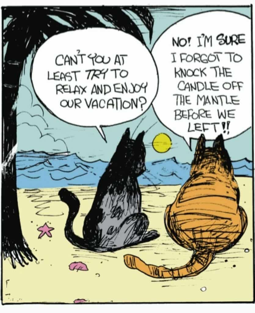 Two cats sitting on a beach, one asking to relax and enjoy vacation, the other worried about leaving a candle burning at home.