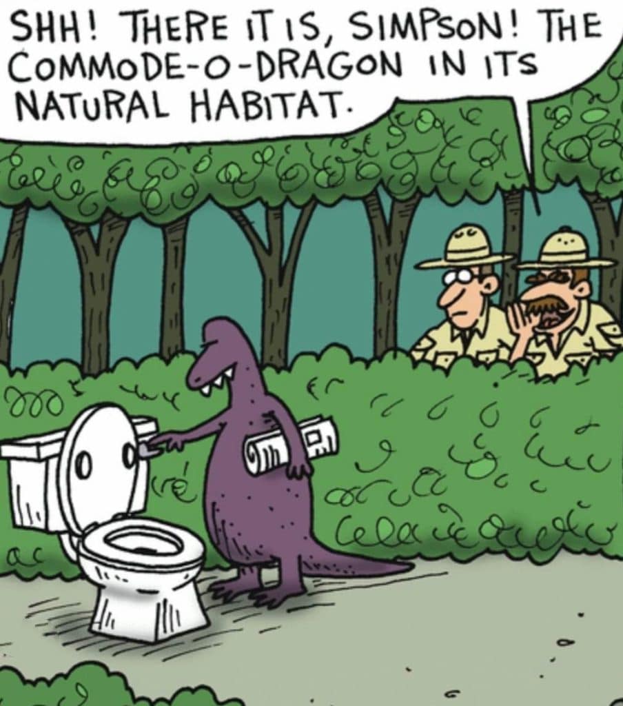 Cartoon showing two explorers watching a purple dinosaur-like creature holding a newspaper and touching a toilet in the bushes.