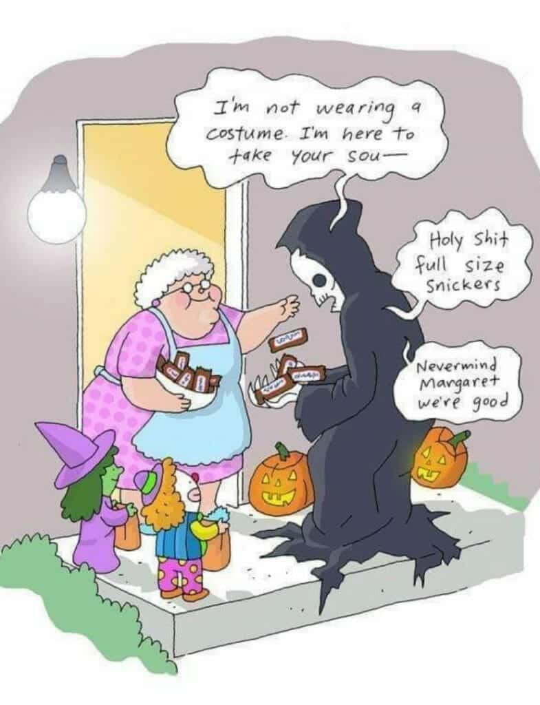 Cartoon of Death at a doorstep with Halloween kids and a woman handing out Snickers bars.