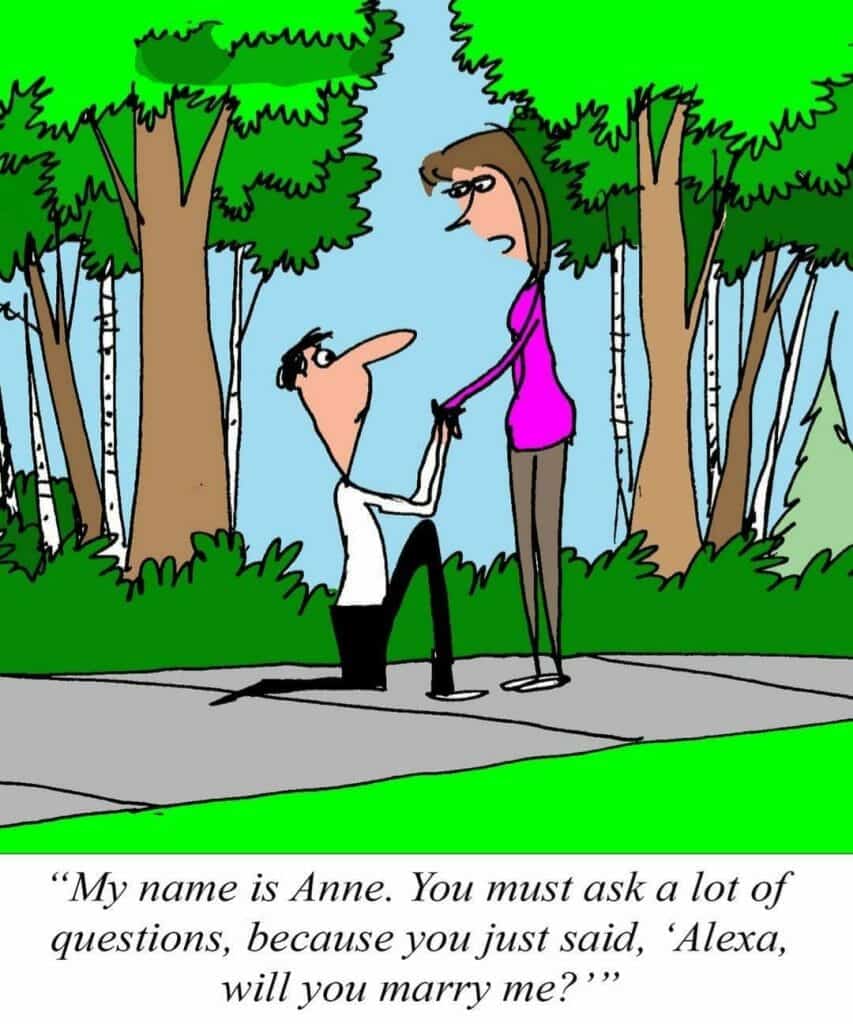 Cartoon of a man on one knee proposing to a woman standing on a sidewalk, surrounded by trees