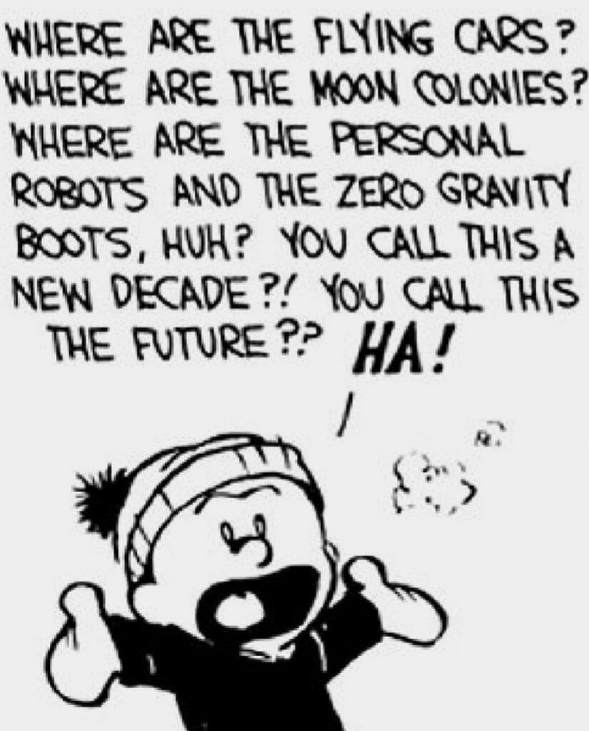 Comic character questioning where flying cars, moon colonies, robots, and zero gravity boots are in the new decade.