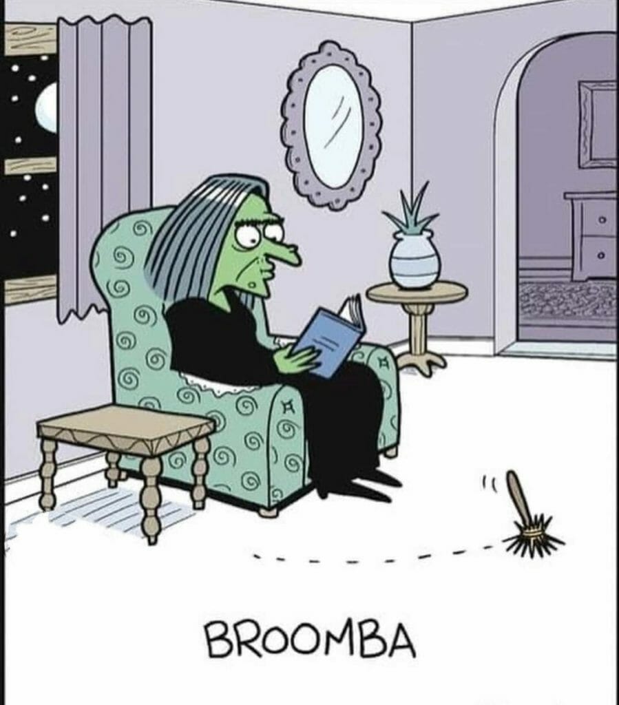 Cartoon of a witch reading in a chair while her broom sweeps the floor by itself