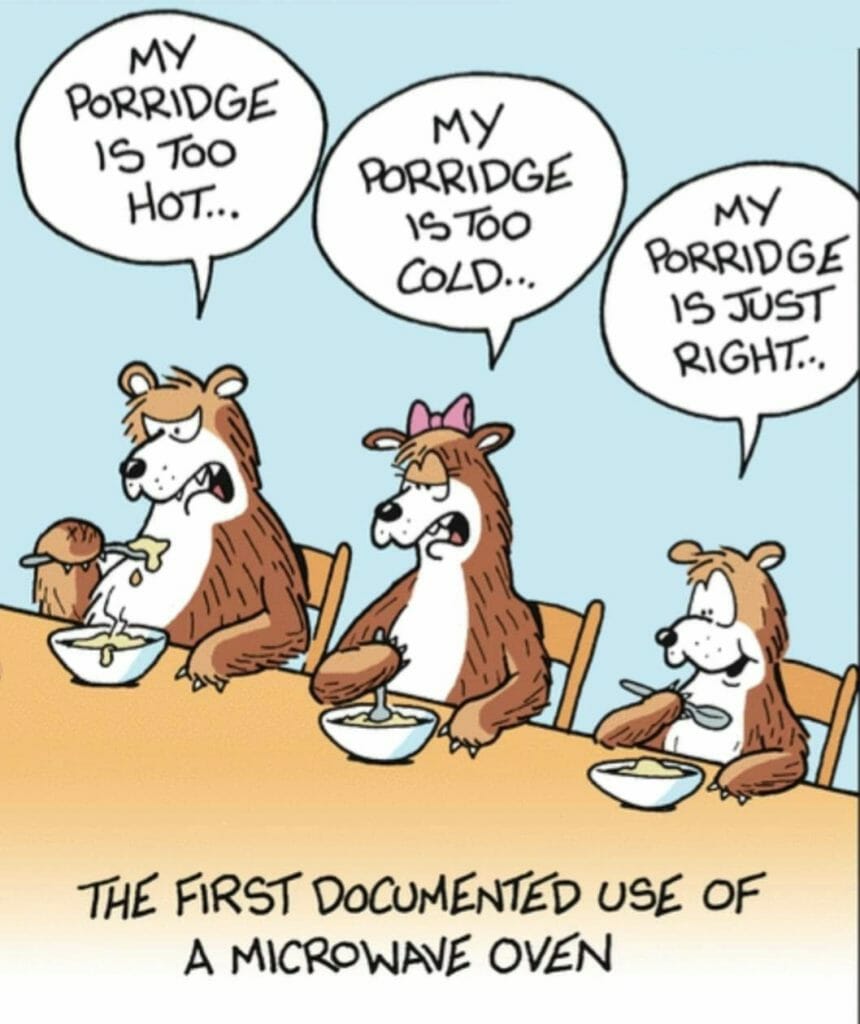 Cartoon of three bears sitting at a table with bowls of porridge. The first bear says 'My porridge is too hot,' the second says 'My porridge is too cold,' and the third says 'My porridge is just right.' Below, the caption reads 'The first documented use of a microwave oven.'