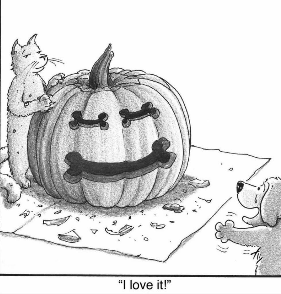 Black and white cartoon of a cat and a dog with a pumpkin jack-o’-lantern whose eyes and mouth are shaped like dog bones.