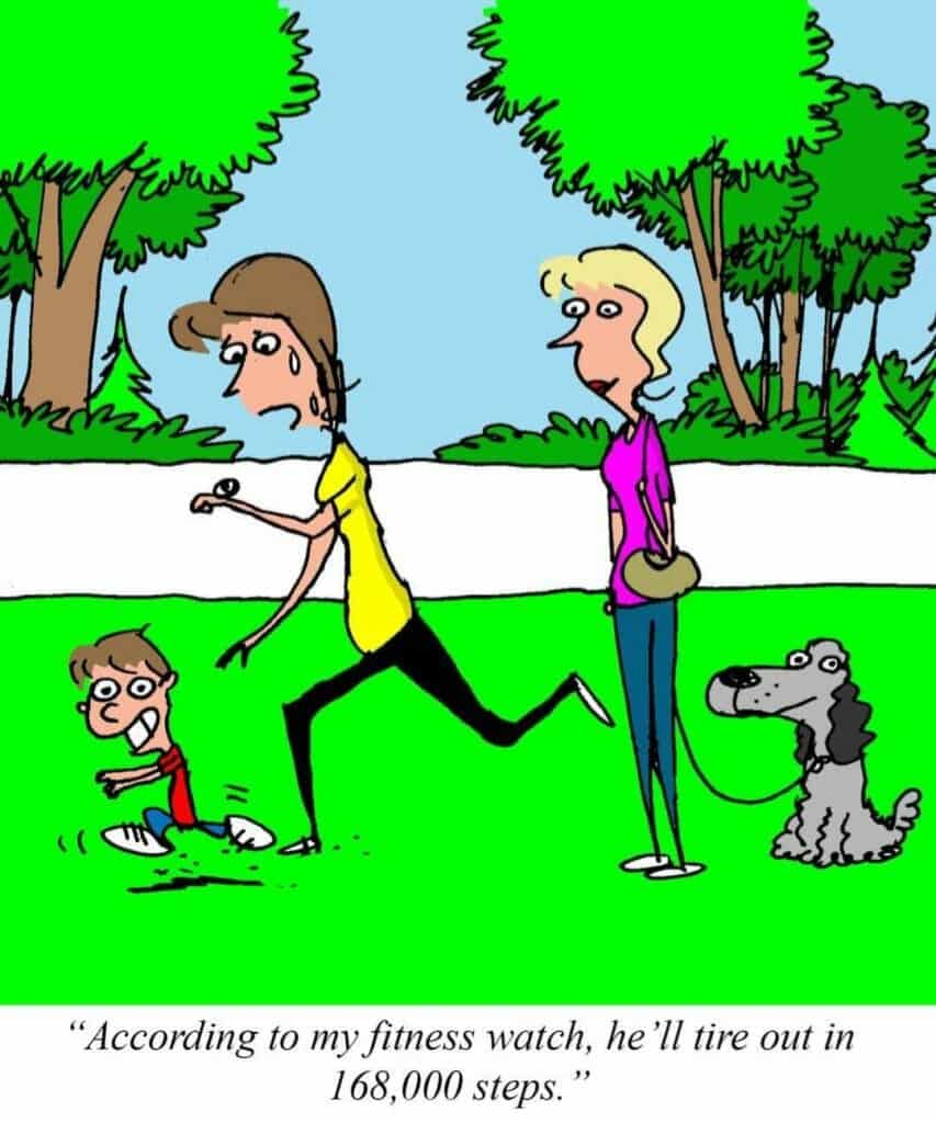 Cartoon of a mother chasing her energetic child while another woman with a dog watches, caption reads about a fitness watch predicting when the child will tire.