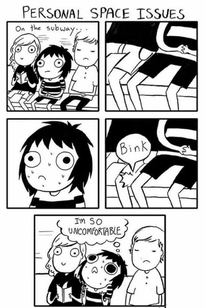 Black and white comic strip showing a person on the subway awkwardly noticing another person accidentally tapping their thigh, leading to discomfort.
