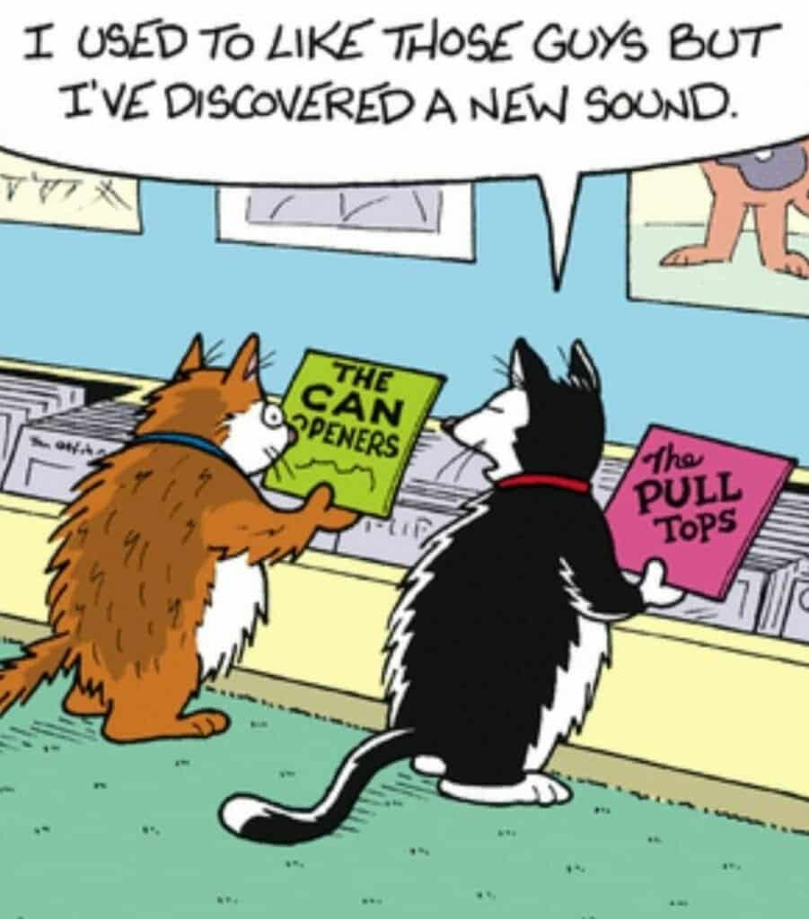 Two cartoon cats holding record albums titled 'THE CAN OPENERS' and 'The PULL TOPS' talking about discovering a new sound.