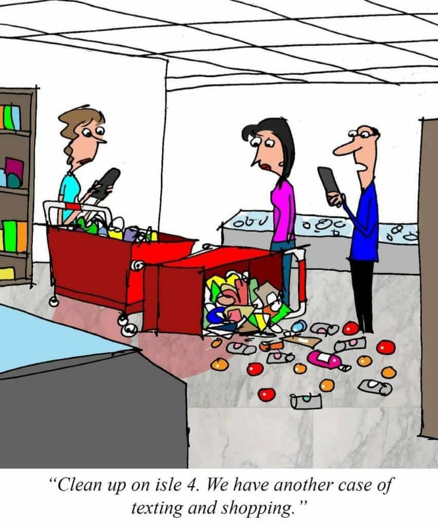 Illustration of shoppers in a store with a fallen shopping cart spilling groceries while people are distracted by their phones.