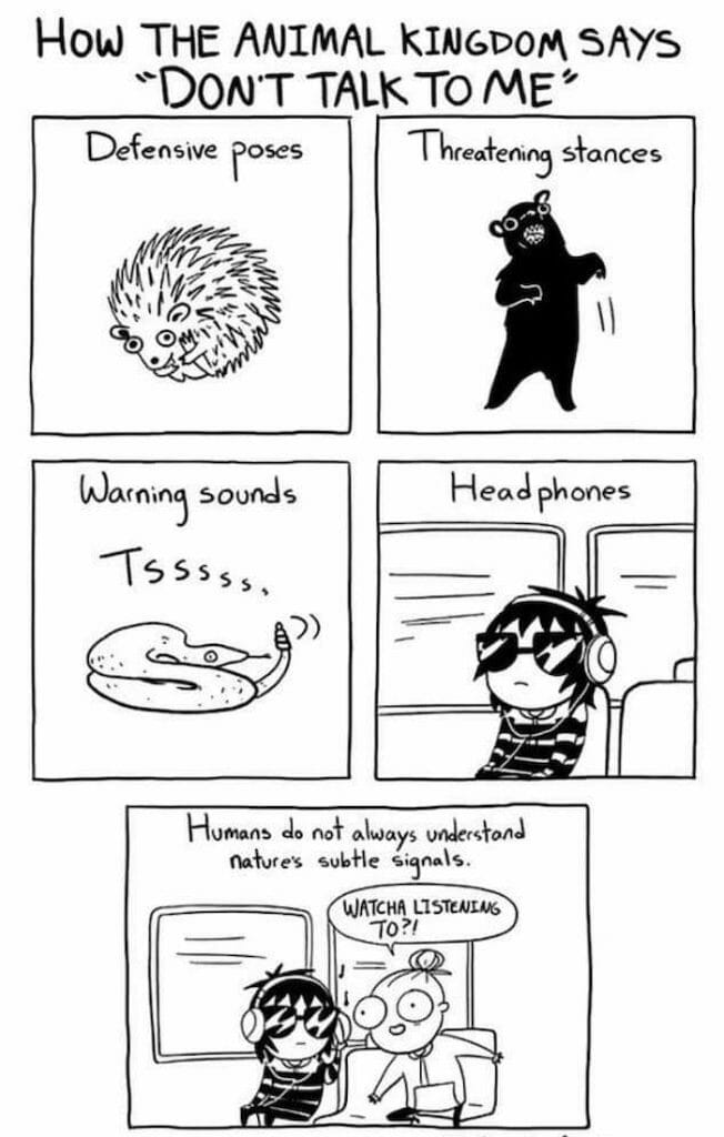 Comic panels showing animals using defensive poses, threatening stances, warning sounds, and a human wearing headphones to signal 'don't talk to me'.