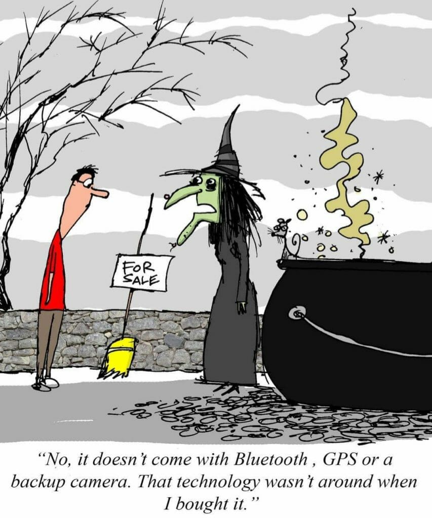 Cartoon of a witch selling an old broom to a man, with a 'For Sale' sign, standing next to a bubbling cauldron and a mouse.