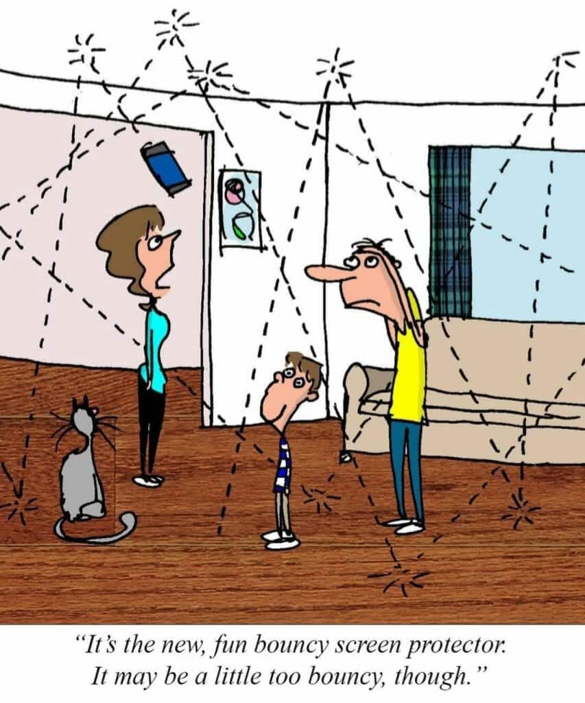 Cartoon of a family and a cat watching a phone bouncing wildly around the room, with a caption about a bouncy screen protector.