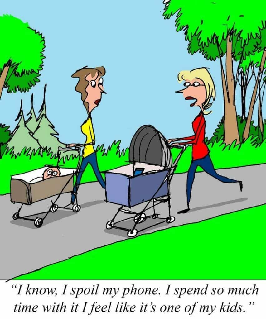 Two women pushing baby strollers in a park, one with a phone in the stroller instead of a baby.