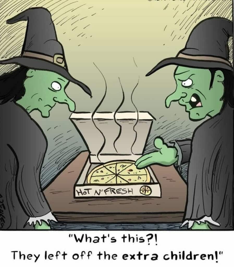 Two witches looking disappointedly at a pizza box with steaming hot pizza inside, one witch pointing accusingly at the pizza.