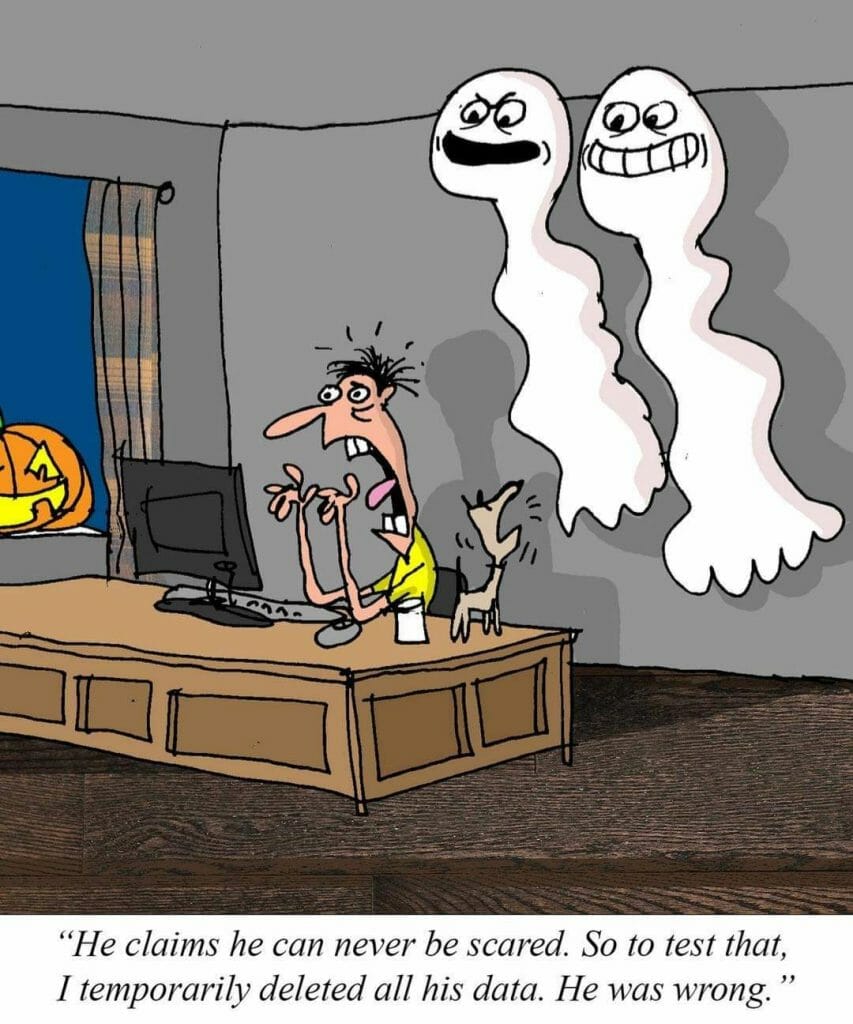 Cartoon of a man terrified at his computer with two mischievous ghosts behind him.