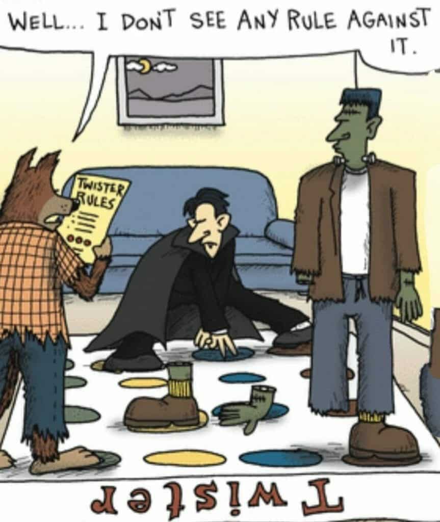 Cartoon of Frankenstein, a vampire, and a werewolf playing Twister in a living room at night. The vampire is stretching across the mat, Frankenstein looks confused, and the werewolf holds the Twister rules sheet. Some detached body parts are on the mat as part of the game.