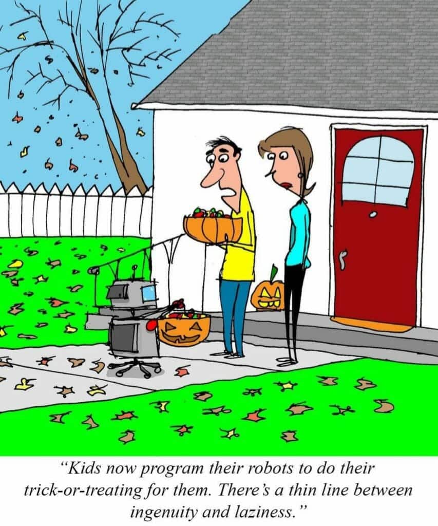Cartoon of a man and a woman watching a robot on wheels hold a pumpkin basket full of candy outside a house with a red door and pumpkins nearby.