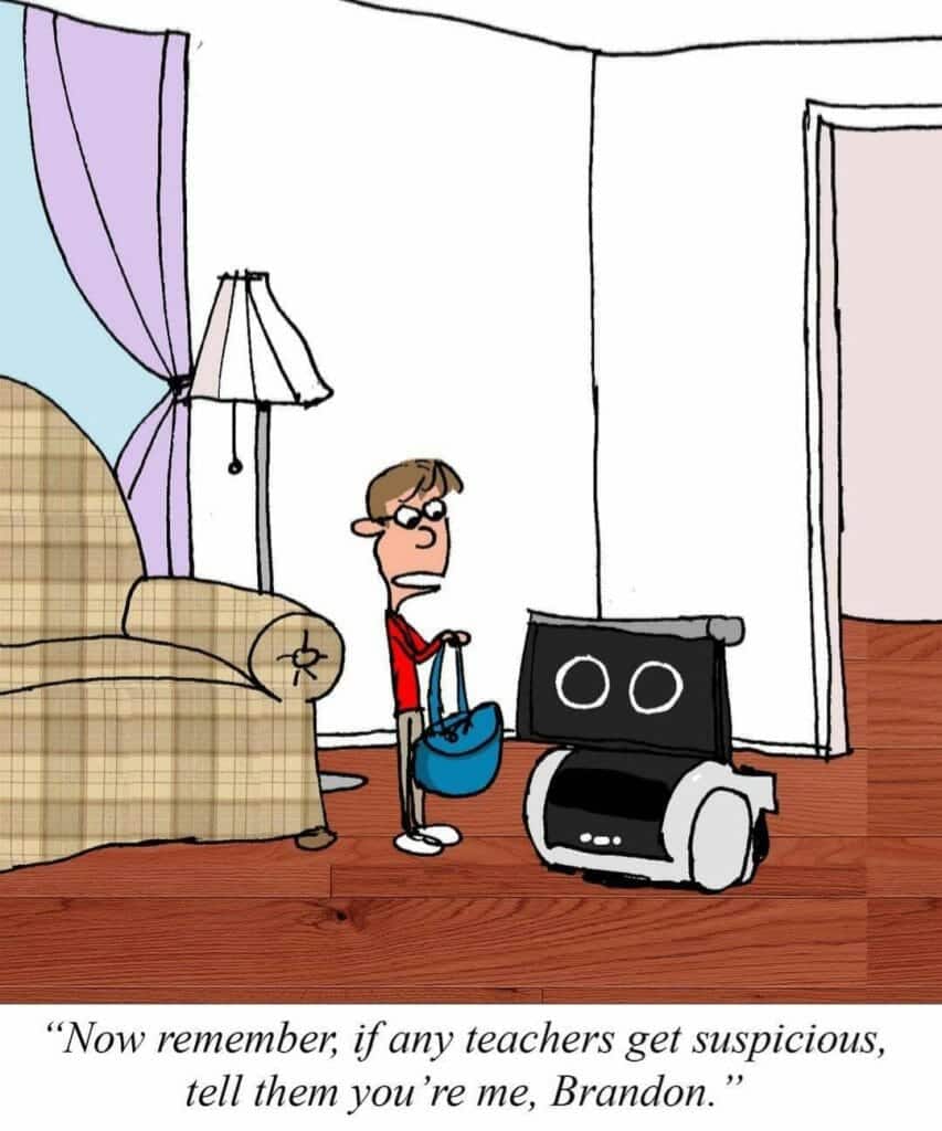 Cartoon of a boy talking to a small robot in a living room, with the boy saying to the robot to tell teachers it is him if they get suspicious