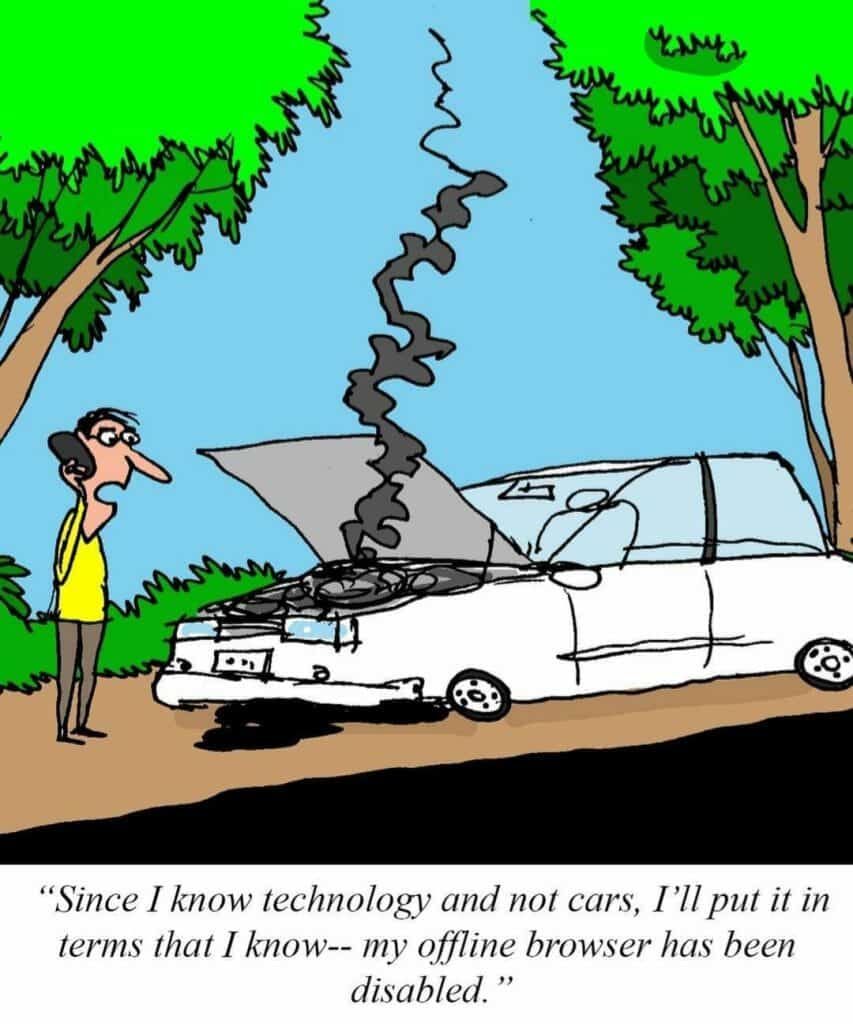 Cartoon of a man on the phone standing near a white car with its hood open and black smoke rising.