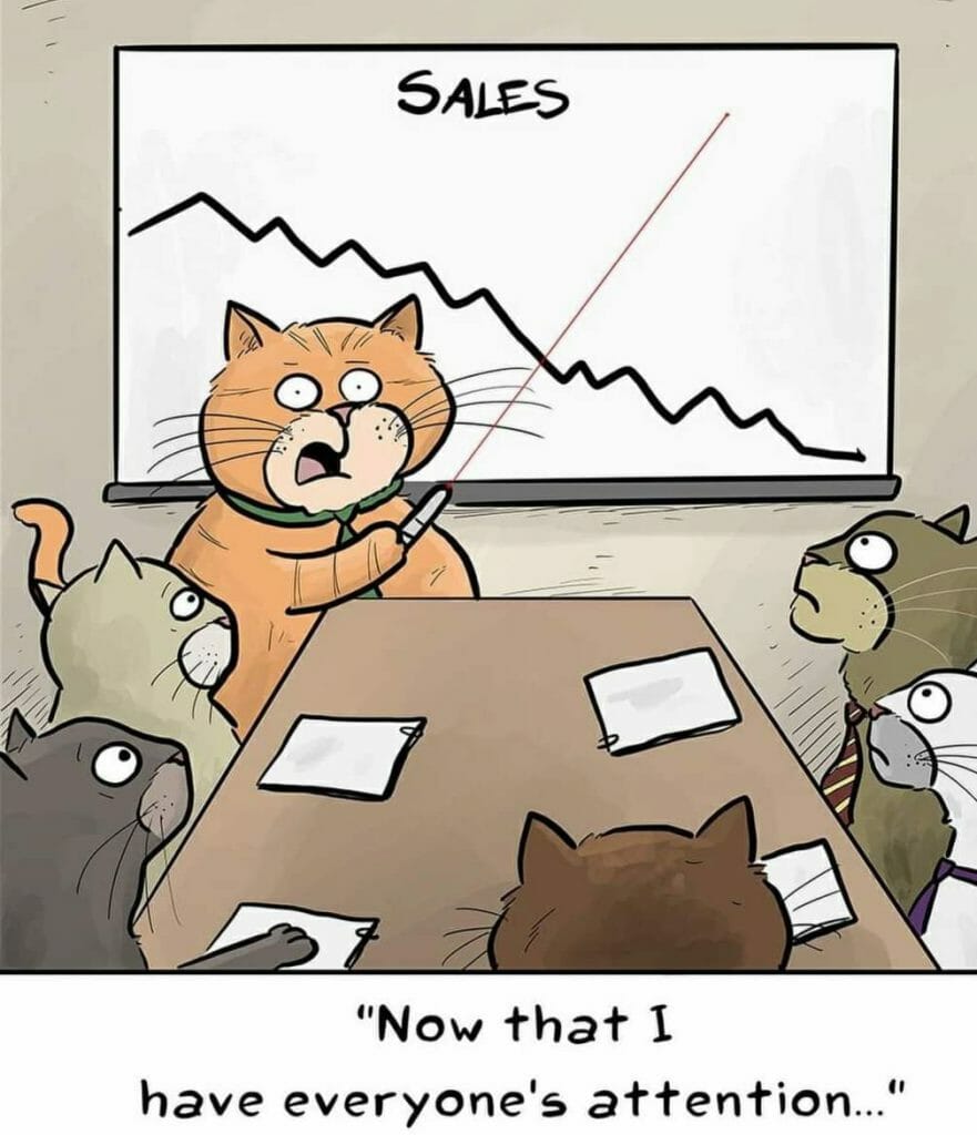 Cartoon of a cat in a tie presenting a sales graph falling sharply to a group of attentive cats around a table.
