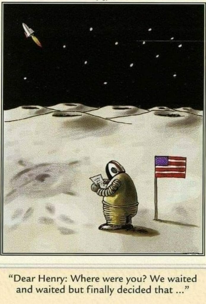 Cartoon astronaut reading a letter on the moon with a US flag planted nearby, a spaceship flying away.