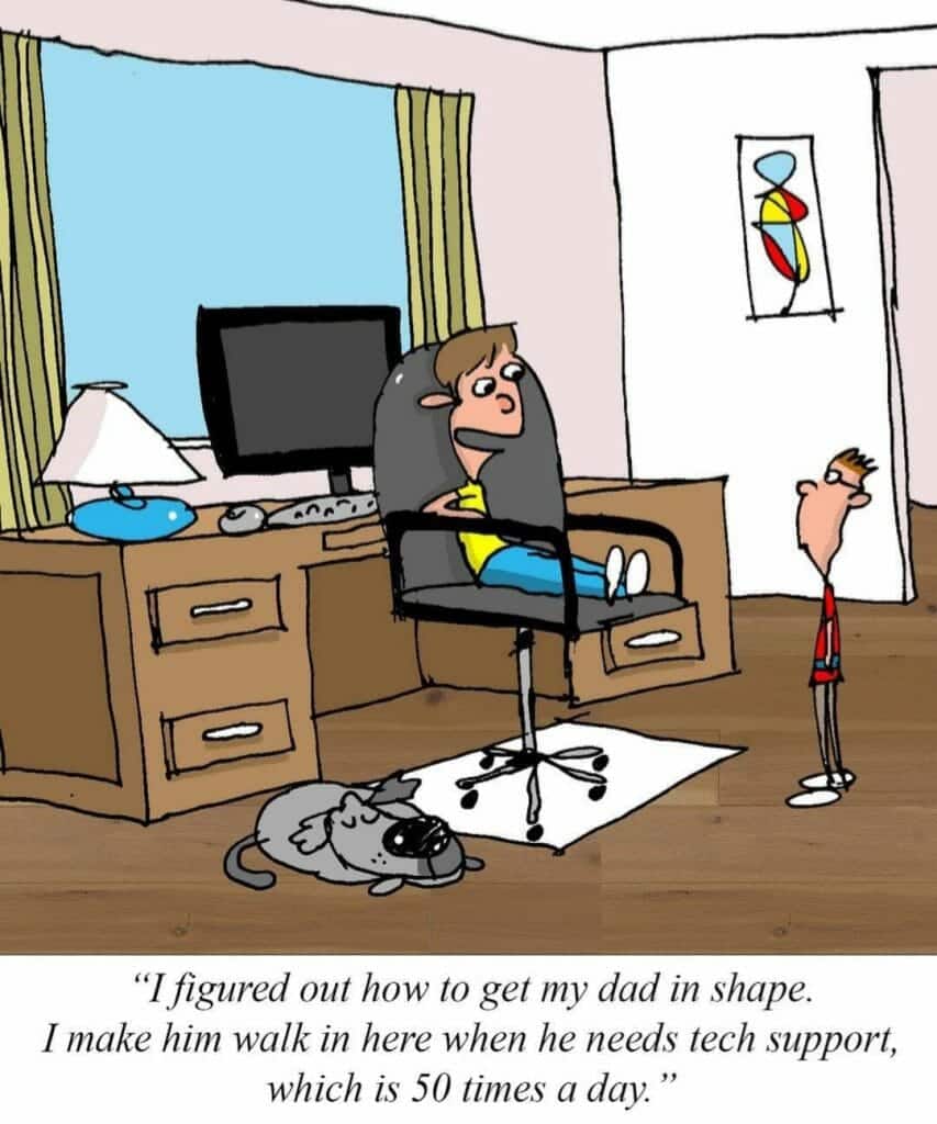 Cartoon showing a boy sitting on a large office chair with his feet up, talking to a smaller man standing in the room, with a sleeping dog on the floor and a desk with a computer in the background.