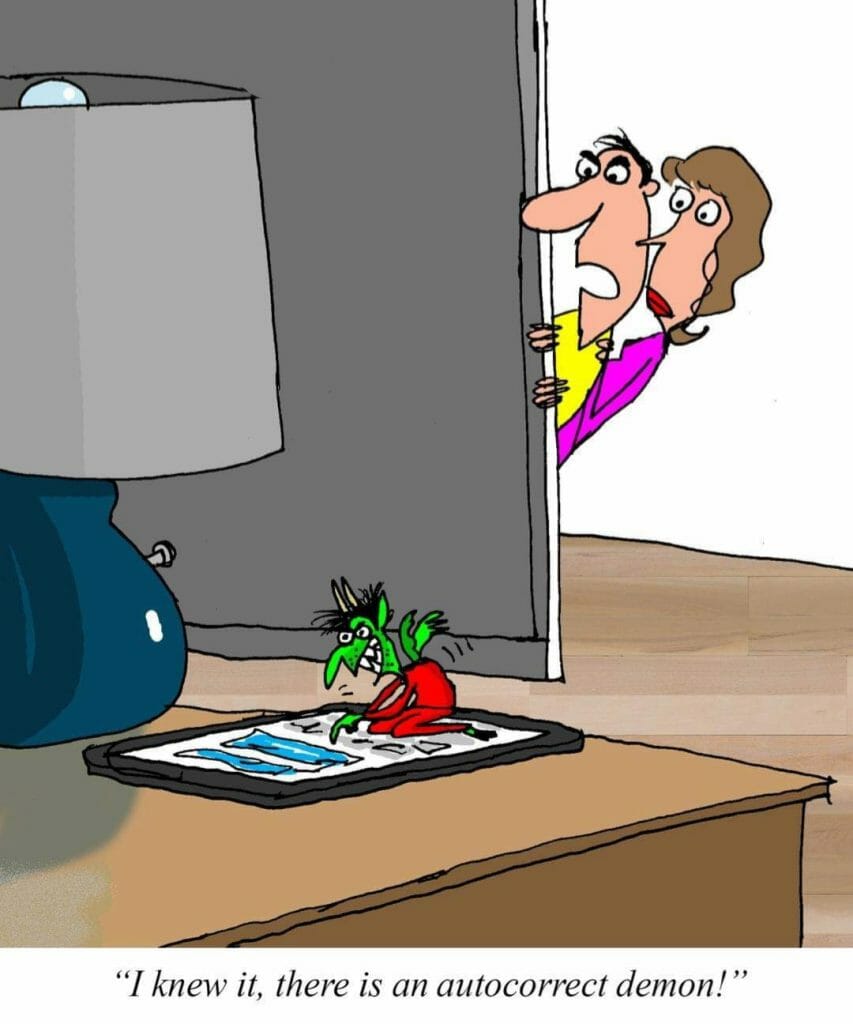 Cartoon of a small green demon sitting on a phone screen while a man and woman peek around a door looking startled.