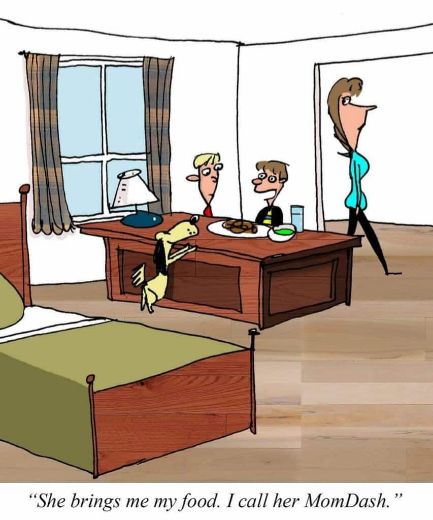 Cartoon of a dog standing on hind legs at a table with two men sitting and a woman walking away in the background.