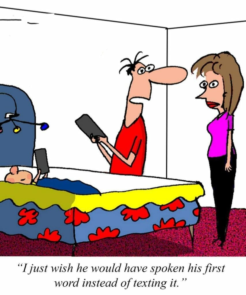 Cartoon of parents looking at baby lying in crib, both holding smartphones, father says he wishes baby spoke first word instead of texting it.