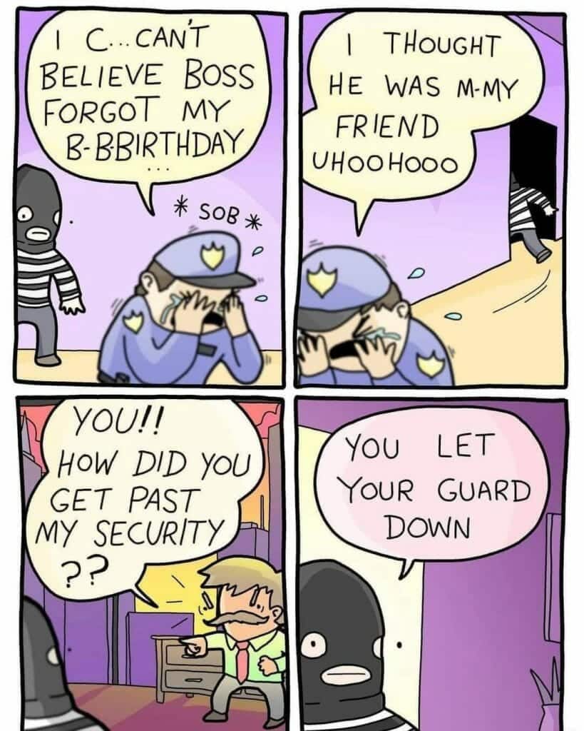 Comic strip of a crying security guard tricked by a thief after sharing birthday woes.