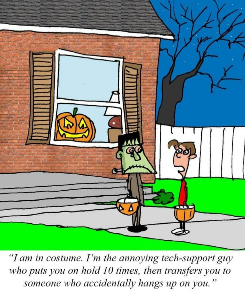 Cartoon of two kids trick-or-treating; one dressed as Frankenstein suffering from tech-support stress.