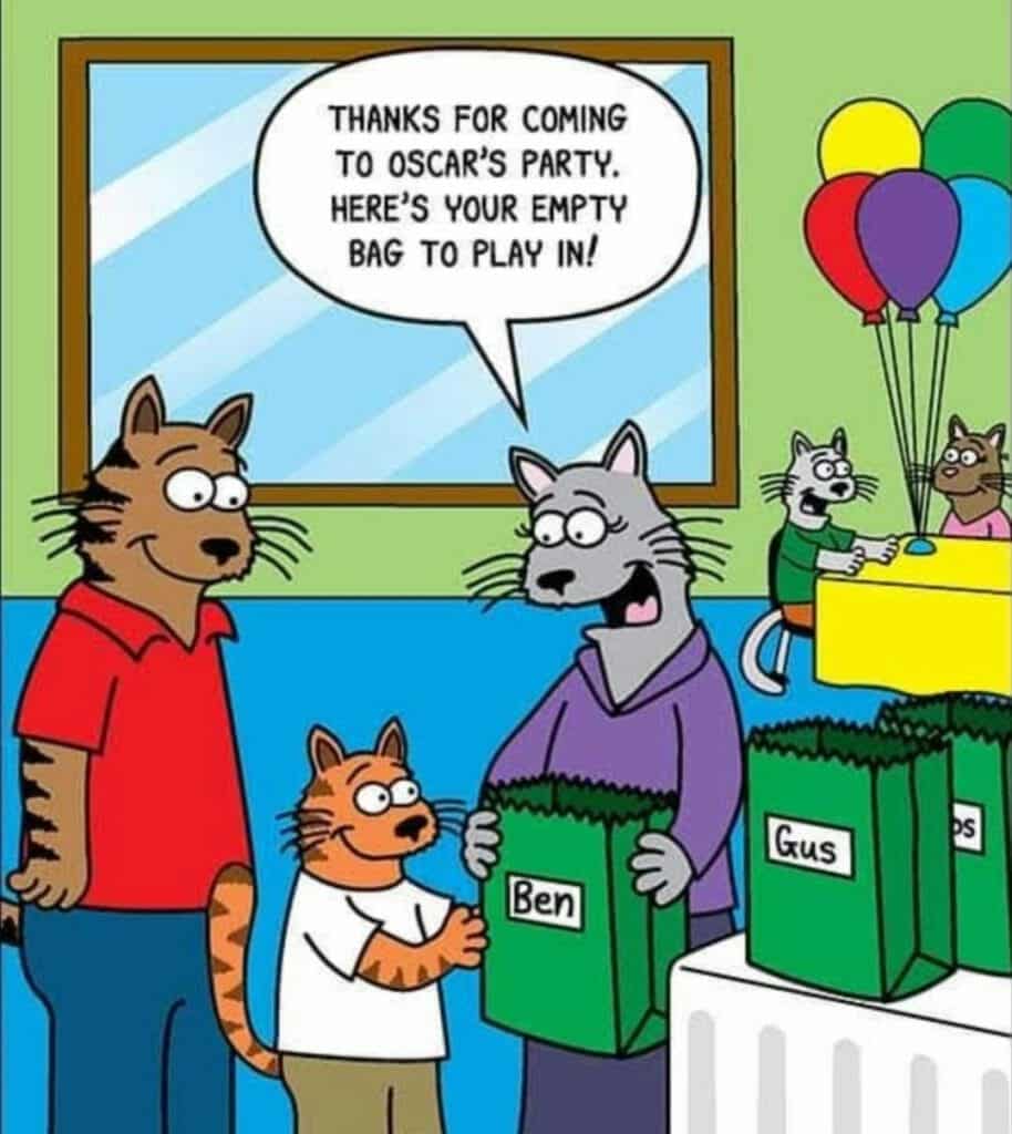 Cartoon of anthropomorphic cats at a party, one cat handing another an empty bag labeled with a child's name.