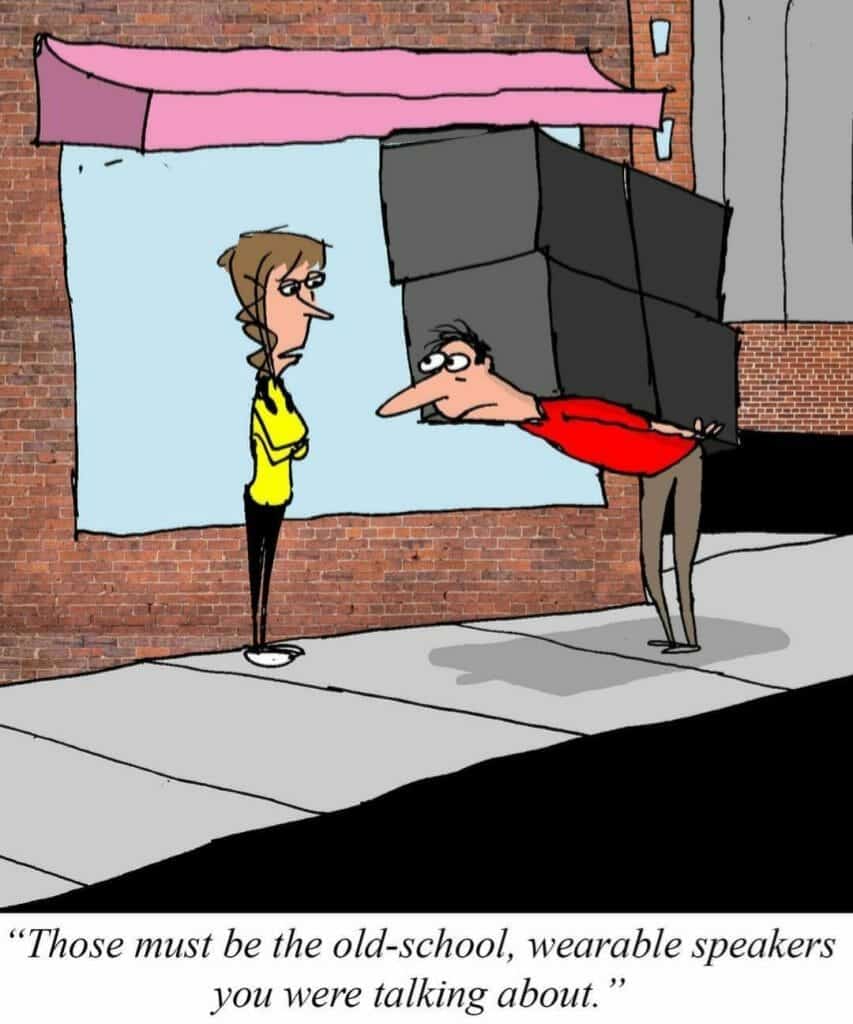 Cartoon of a man bending forward carrying four large black speakers on his back, talking to a woman standing with arms crossed on a sidewalk.