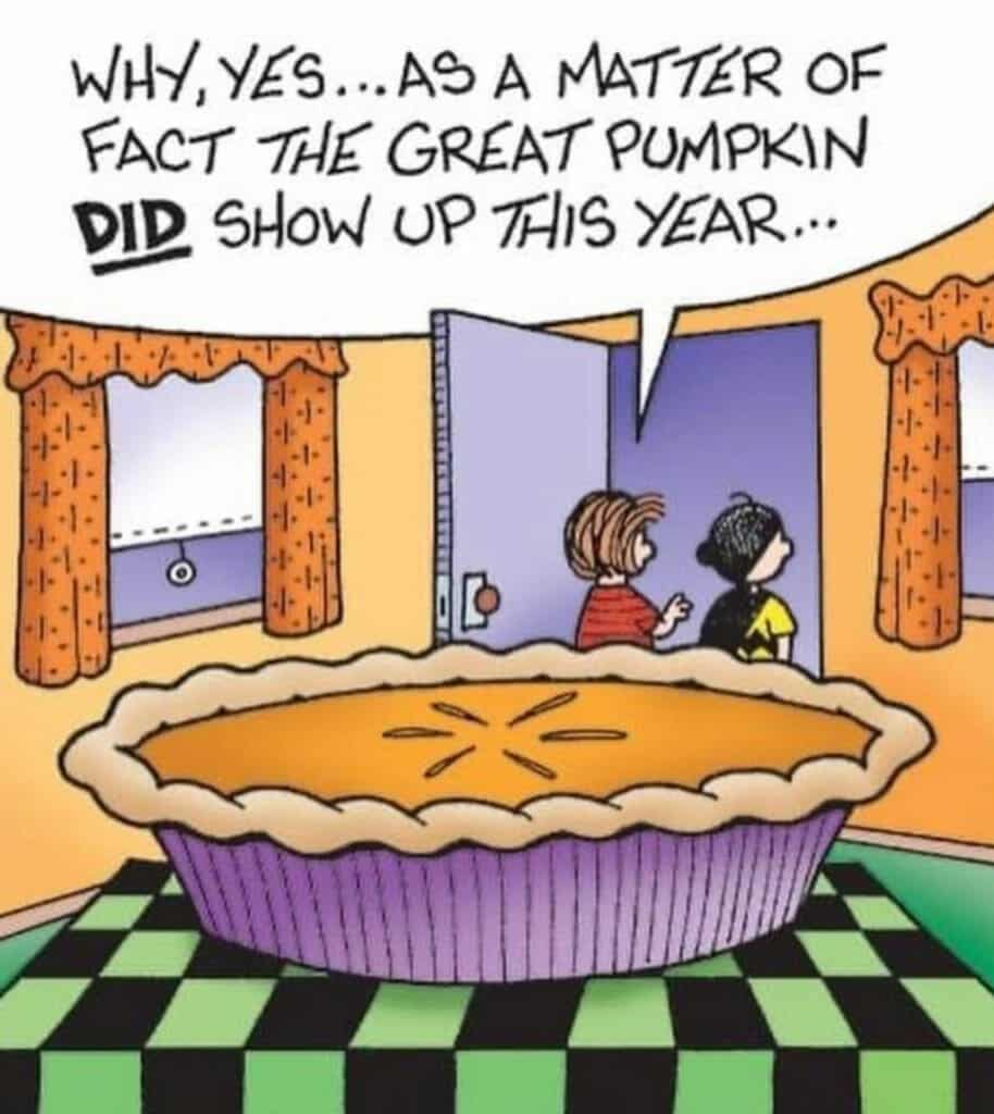 Comic of two children talking inside a house with a giant pumpkin pie taking up most of the room.