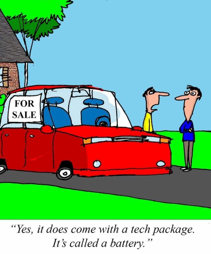Cartoon of two men talking beside a red car for sale missing its wheels, with caption about the car having a 'tech package' called a battery.