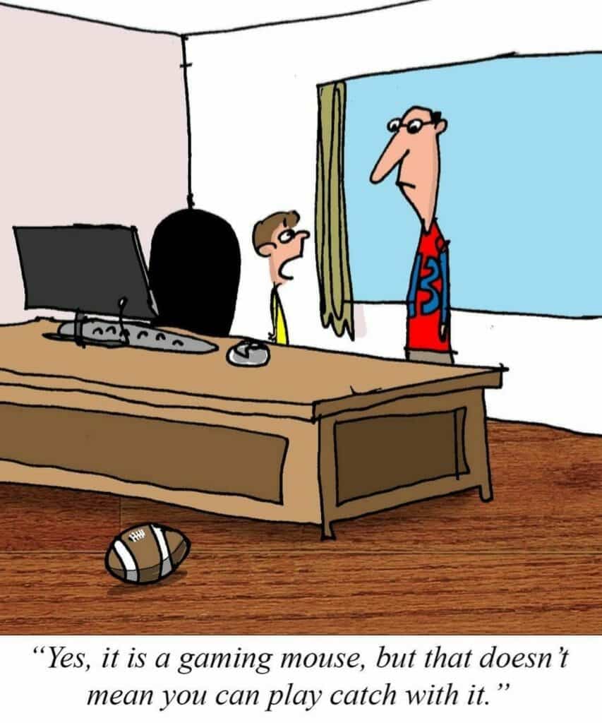 Cartoon of a child talking to an adult in an office with a computer mouse on the desk and a football on the floor.