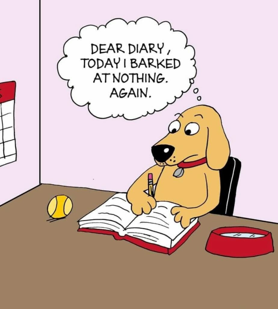 Cartoon of a dog sitting at a desk, writing in a diary with a thought bubble saying 'Dear diary, today I barked at nothing. Again.'