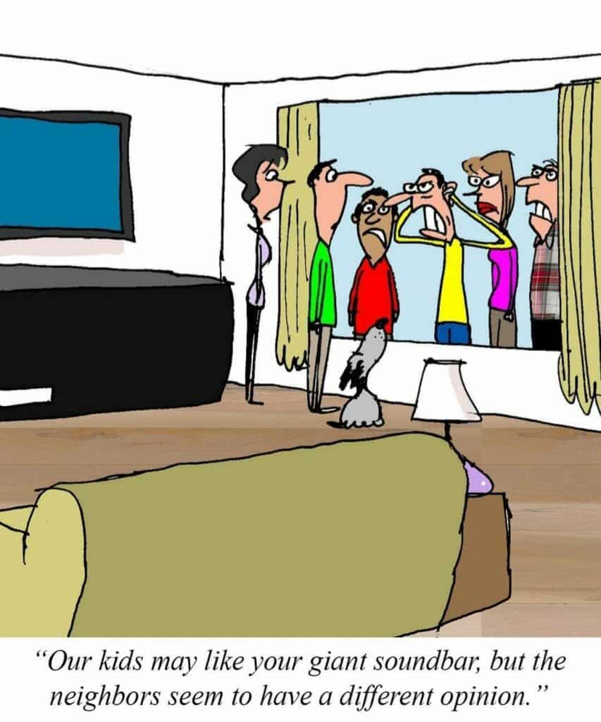 Cartoon of two people inside a house talking to angry neighbors through a large window about a giant soundbar.