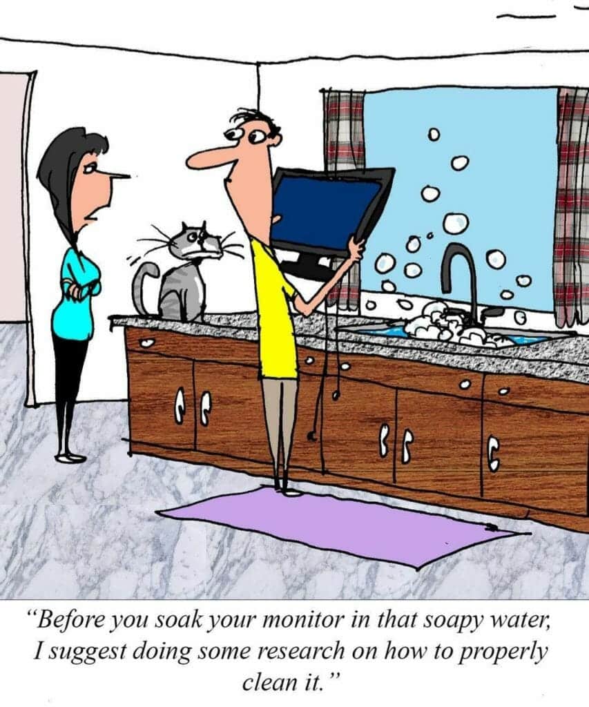 Cartoon of a man holding a computer monitor over a sink filled with soapy water, a woman looks skeptical, and a cat watches in surprise.
