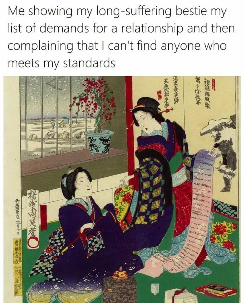Japanese ukiyo-e style artwork showing a woman presenting a very long scroll to her seated friend.