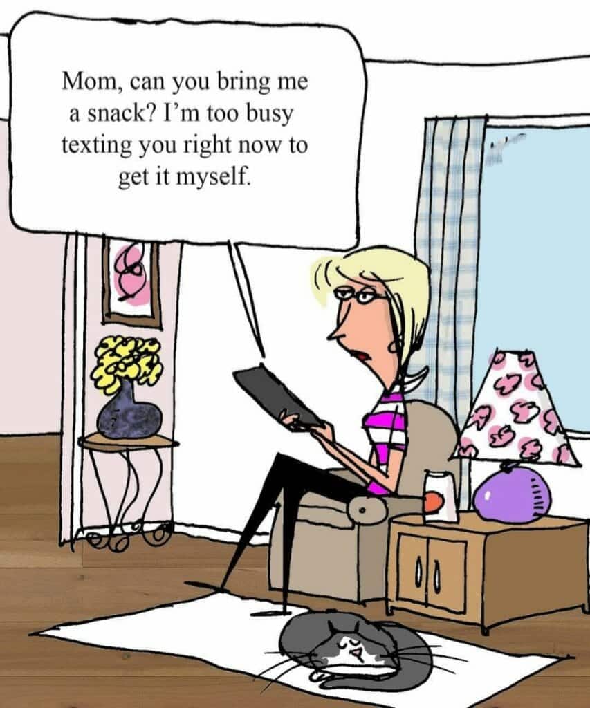 Cartoon of a woman sitting in a chair holding a tablet, with a speech bubble asking for a snack because texting is too important to move.