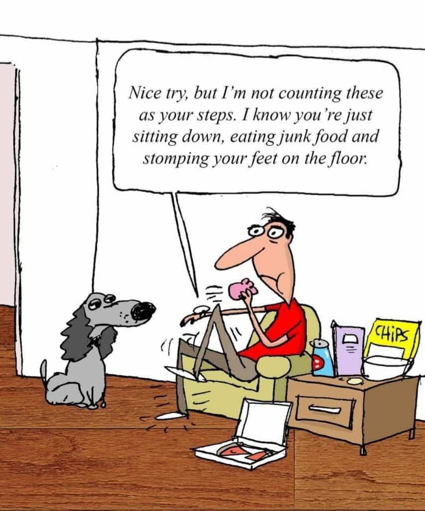 Cartoon of a man sitting in a chair eating junk food and pretending to walk by stomping his feet, with a dog looking at him skeptically.