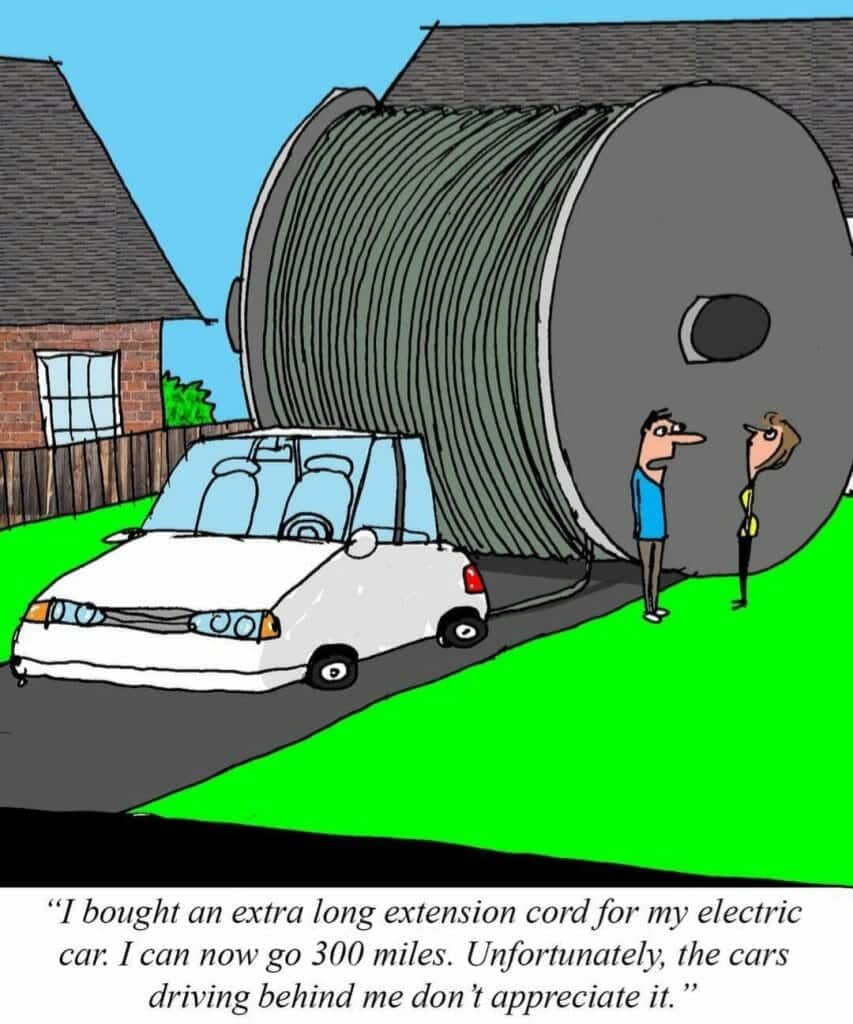Cartoon of a small electric car driving while towing an enormous extension cord spool with two people standing nearby.